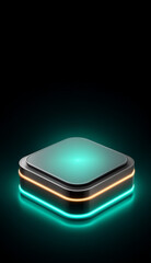 a simple, rounded square with a glowing base featuring green and orange light on a dark background