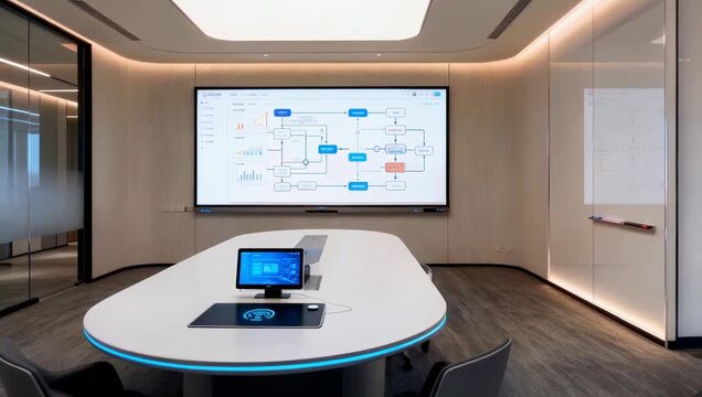 Modern smart meeting room with elliptical table, smart displays, wireless charging, and digital whiteboard showing project plans and flowcharts. Great for corporate meetings, team collaboration.