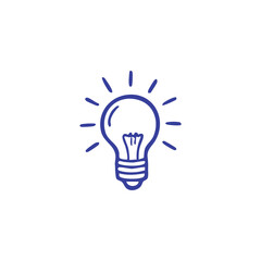 Blue outline of a lightbulb with radiating lines, on a white background
