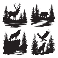 Naklejka premium Forest Animal Silhouettes Set | Deer Bear Wolf Eagle Wildlife Clipart | Black Nature Scenes