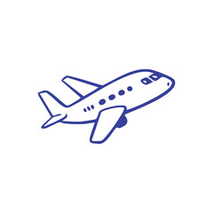 Simple illustration of a blue airplane against a white background, in takeoff