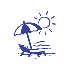 Blue line art depicts a beach scene umbrella, chair, sun, water