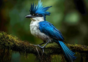 Blue and white crested bird perched on mossy branch in green forest