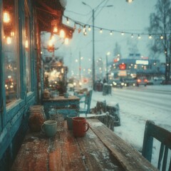 Snow falls quietly outside the window, steam rises from coffee cups above wooden tables. Generative AI