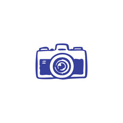 A simple, dark blue sketch of a camera on a white background