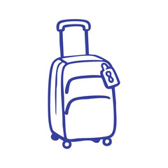 Simple blue outline drawing of a wheeled suitcase with a handle and tag