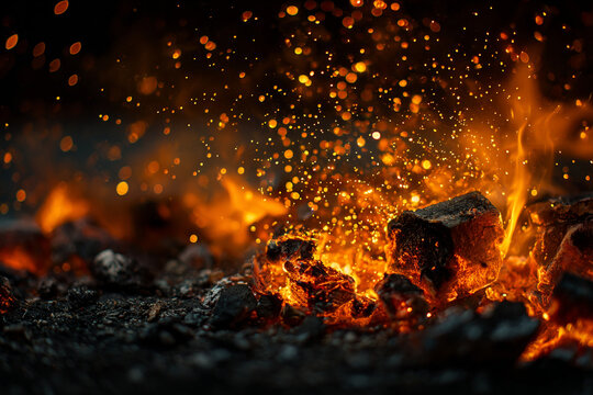 Bright sparks and flames rise from hot coals during a fire at night