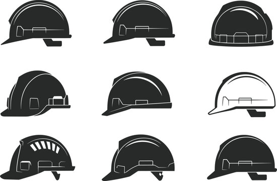 Collection of black silhouette construction hard hats from different angles helmet safety