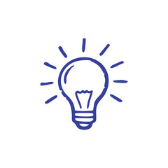 Blue hand-drawn lightbulb with radiating lines, representing an idea on white