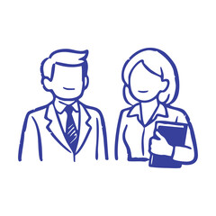 Blue hand-drawn icons of a man in a suit and a woman holding a document