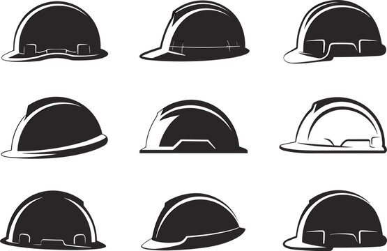 Collection of nine black and white hard hat icons in various perspectives helmet safety