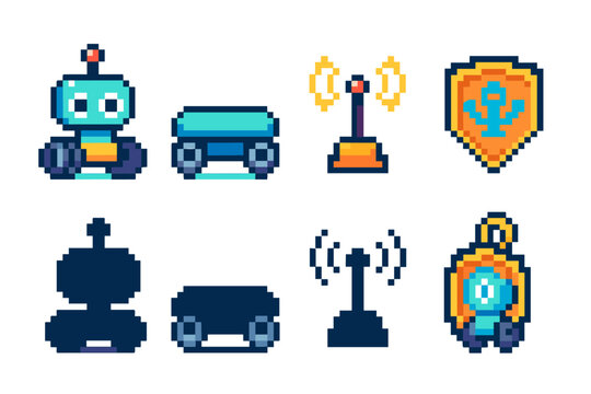 Technology, robotics 8-bit icon set. Retro, robots, devices, security icons collection