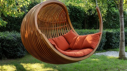 Cozy hanging egg chair with vibrant orange cushions in serene garden