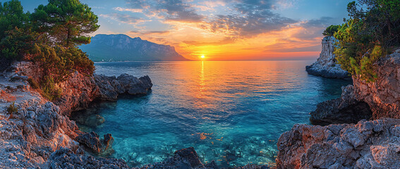 Colorful sunset over a tranquil rocky coastline with clear turquoise water, dramatic cliffs, and distant mountains under a glowing sky of orange, pink, and blue hues.