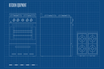 Outline kitchen stove manual. Front, side and top views. Contour electric oven blueprint. Domestic gas equipment. Cooking appliance drawing