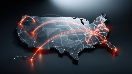 United states map showing a connected digital network, data flow, communication infrastructure logistics, business