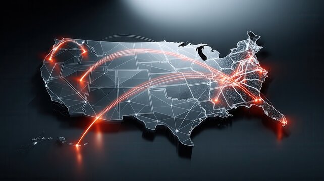 United states map showing a connected digital network, data flow, communication infrastructure logistics, business