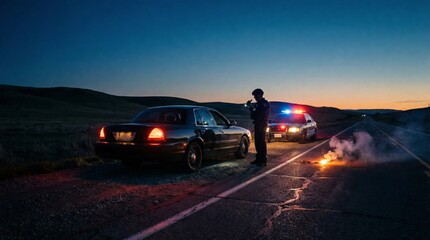 Naklejka premium Police officer conducts roadside stop rural highway night scene law enforcement safety surveillance