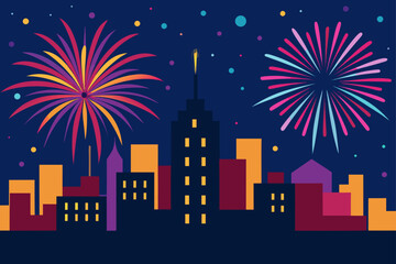 Colorful fireworks exploding over city skyline at night