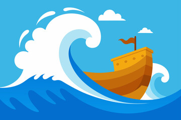 Wooden boat navigating huge ocean waves illustration