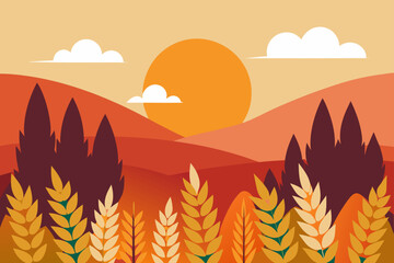 Flat design autumn landscape with wheat fields and sunset