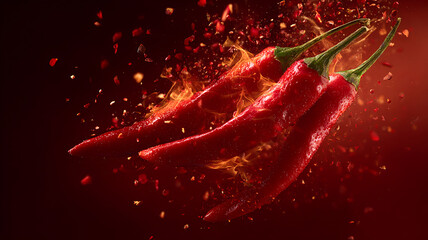 Red chili pepper with chili splashing elements isolated on the red color background, chili powder with fresh red chili peppers.