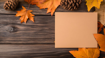 Obraz premium Autumn scene with leaves, pine cones, and a blank card on a wooden surface evokes a cozy, seasonal atmosphere. Perfect for fall-themed messages or artistic creations.