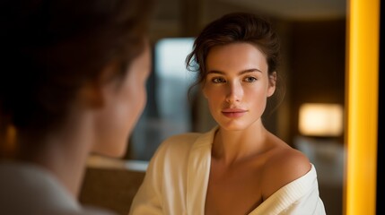 A smart mirror projecting AR skin diagnostics, highlighting fine lines, sun exposure zones, and recommended products with interactive overlays — augmented reality beauty, virtual skincare analysis,