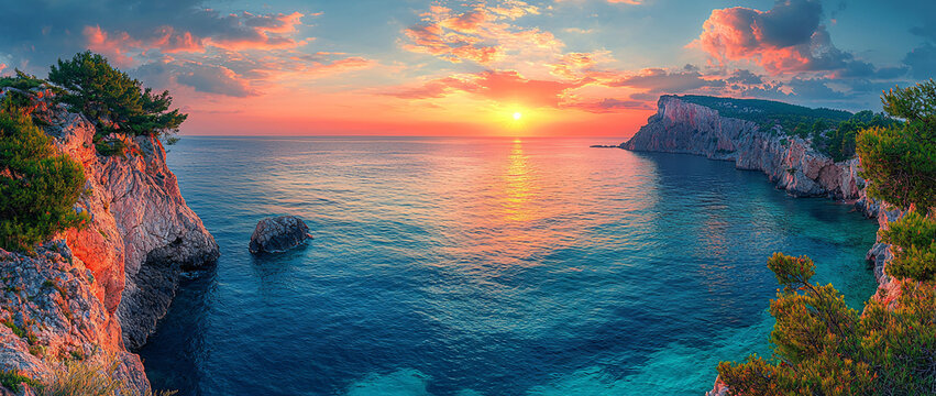 Vibrant sunset over a tranquil turquoise sea with rugged cliffs and lush greenery, dramatic clouds, and warm sunlight reflecting across the calm coastal horizon.