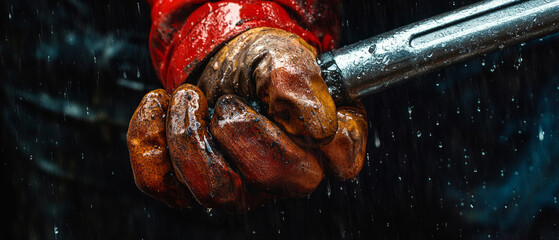 Dirty hands holding a rusty tool in the rain illustrate the consequences of environmental disasters — a topical backdrop for projects on environmental protection.