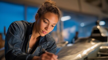 A researcher in a wind tunnel facility studying airflow over a scale-model vehicle, adjusting contours to test aerodynamic shapes that improve real-world fuel efficiency — automotive engineering