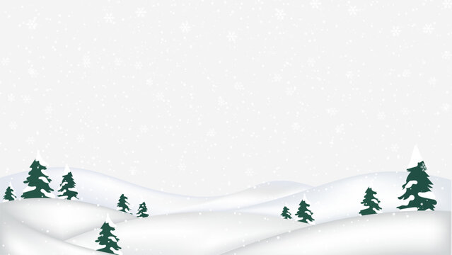 Snowy winter forest scene, rolling white hills and evergreen trees under soft snowfall vector background