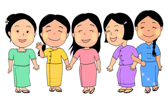 ミャンマーの伝統衣装を着た女の子5人が仲良く笑っている