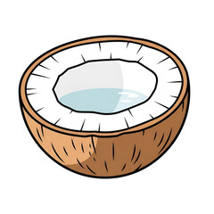 A halved coconut with white flesh and clear water inside, depicted in a simple cartoon style