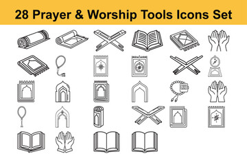 Set of 28 Islamic prayer and worship tools icons including prayer mats books and rosaries