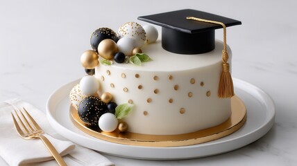 Graduation cake celebrating academic achievement, decorated with a golden and black mortarboard tassel