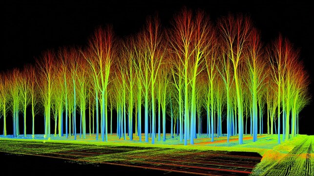 visualization of a forest canopy where a high-resolution LiDAR aerial scan reveals the ground elevation beneath the trees. The point cloud data is color-coded by elevation (green to brown). 