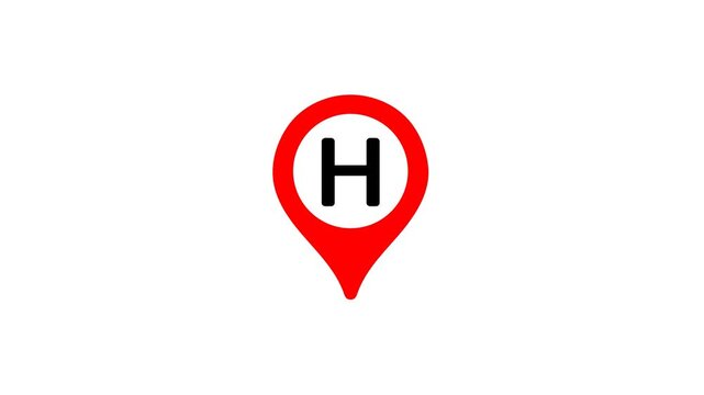 Animated red location pin icon with letter H symbol for hospital navigation medical emergency center maps and healthcare site positioning on white background.
