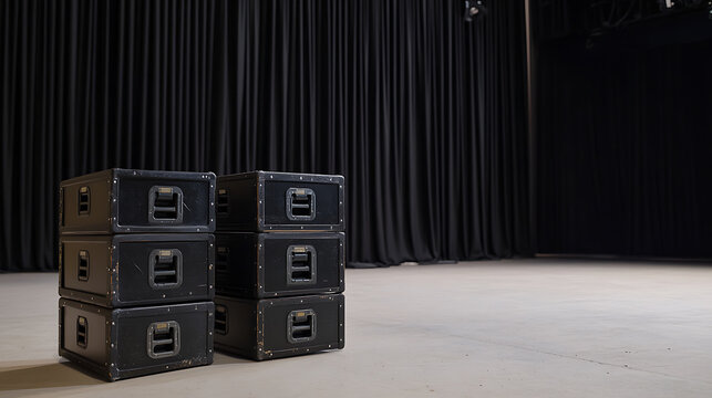 Stacked black road cases create a striking visual against a dark curtain backdrop. The scene exudes a sense of readiness, hinting at an imminent setup on the stage.