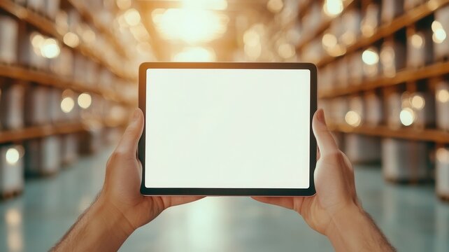 Employee hands holding digital tablet with blank screen, managing logistics and inventory a modern in warehouse - Powered by Adobe