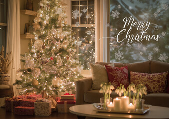 AI generator image of  Christmas is an important religious festival in Christianity. Christmas season, with beautifully wrapped gifts stacked in many boxes. Looking out the window