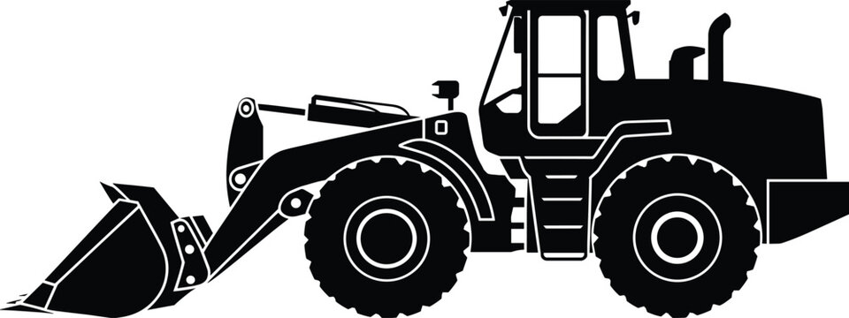 Silhouette of a heavy-duty front-end loader construction vehicle front end loader bulldozer