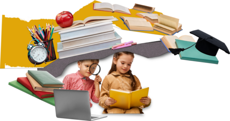 Inspiring artwork with children reading books on transparent background. Concept of early learning, reading skills, curiosity development and modern education visuals.