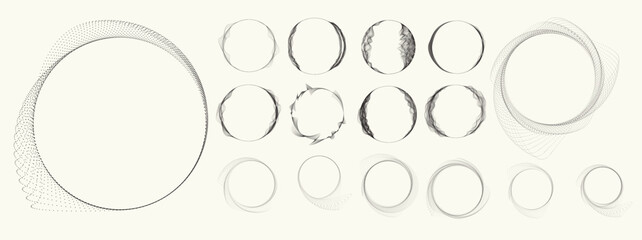 Abstract circular halftones element set, geometric dotted ring and spiral circle shapes for modern design, technology, or motion graphic backgrounds. Dotted round elements, radial spirals, and vortex.