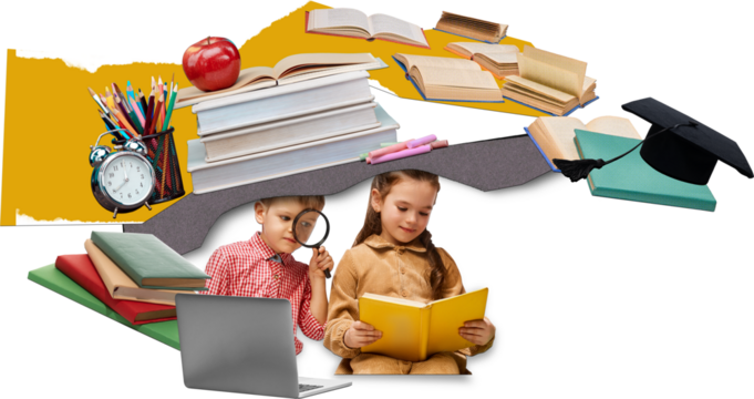 Inspiring artwork with children reading books on transparent background. Concept of early learning, reading skills, curiosity development and modern education visuals. - Powered by Adobe