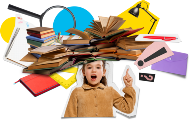 Expressive mixed media with girl and creative ideas on transparent background. Concept of idea generation, active learning, classroom engagement and creative education.