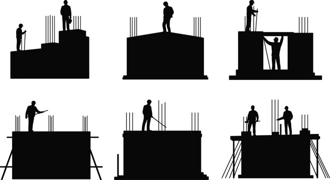 Silhouettes of construction workers building a concrete structure with rebar and scaffolding builder