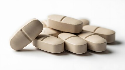 Close up of several large beige oblong tablets with a central score line resting on white