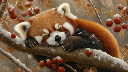 A red-haired panda cub sleeping on a snow-covered branch among red berries will emphasise the cosiness of the winter theme and serve as the main background  