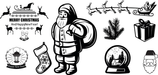 Stipple Christmas and New Year Elements Set with Vintage Dotted Stickers, Champagne Cheers, Disco Ball, Mouth and Deer Antlers, Grunge Punk Retro Photocopy Vector Illustration